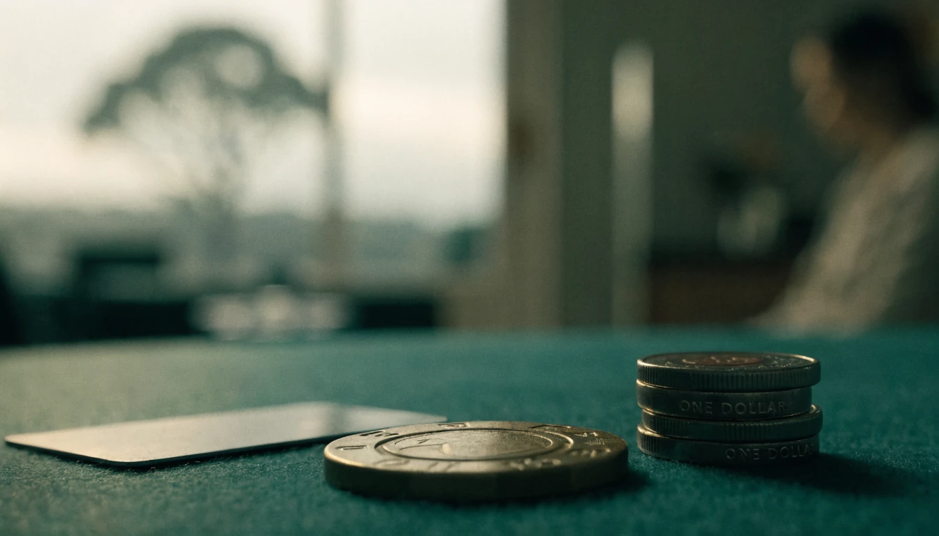 A lone casino chip beside Australian one-dollar coins on green felt.