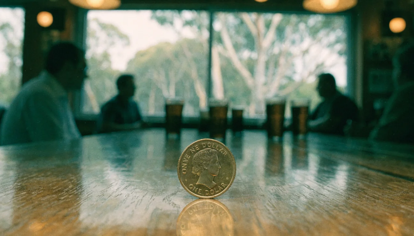 Single Australian one-dollar coin on a wooden pub bar counter with warm lighting.
