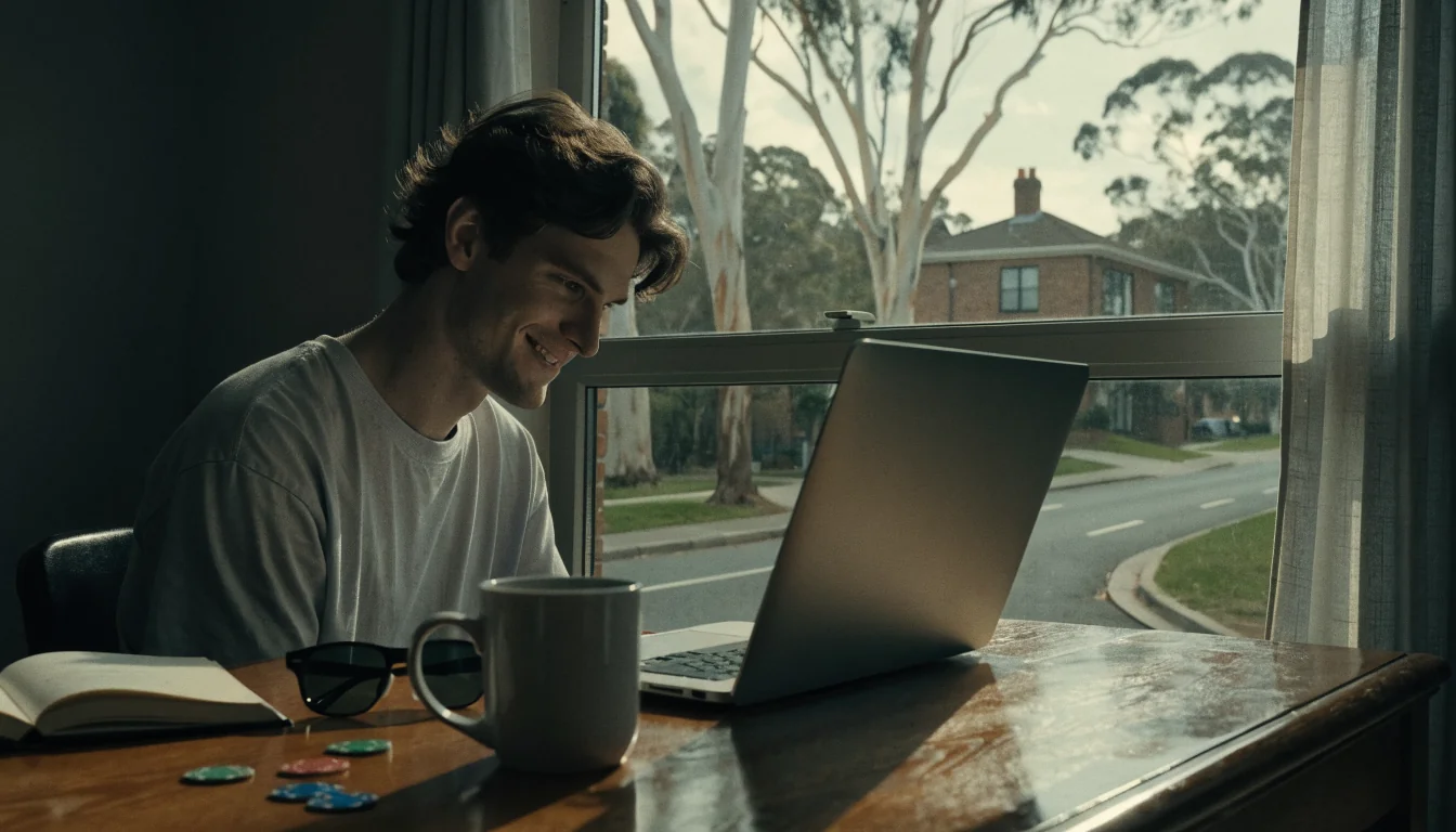 Australian man using laptop at home desk with chips and coffee