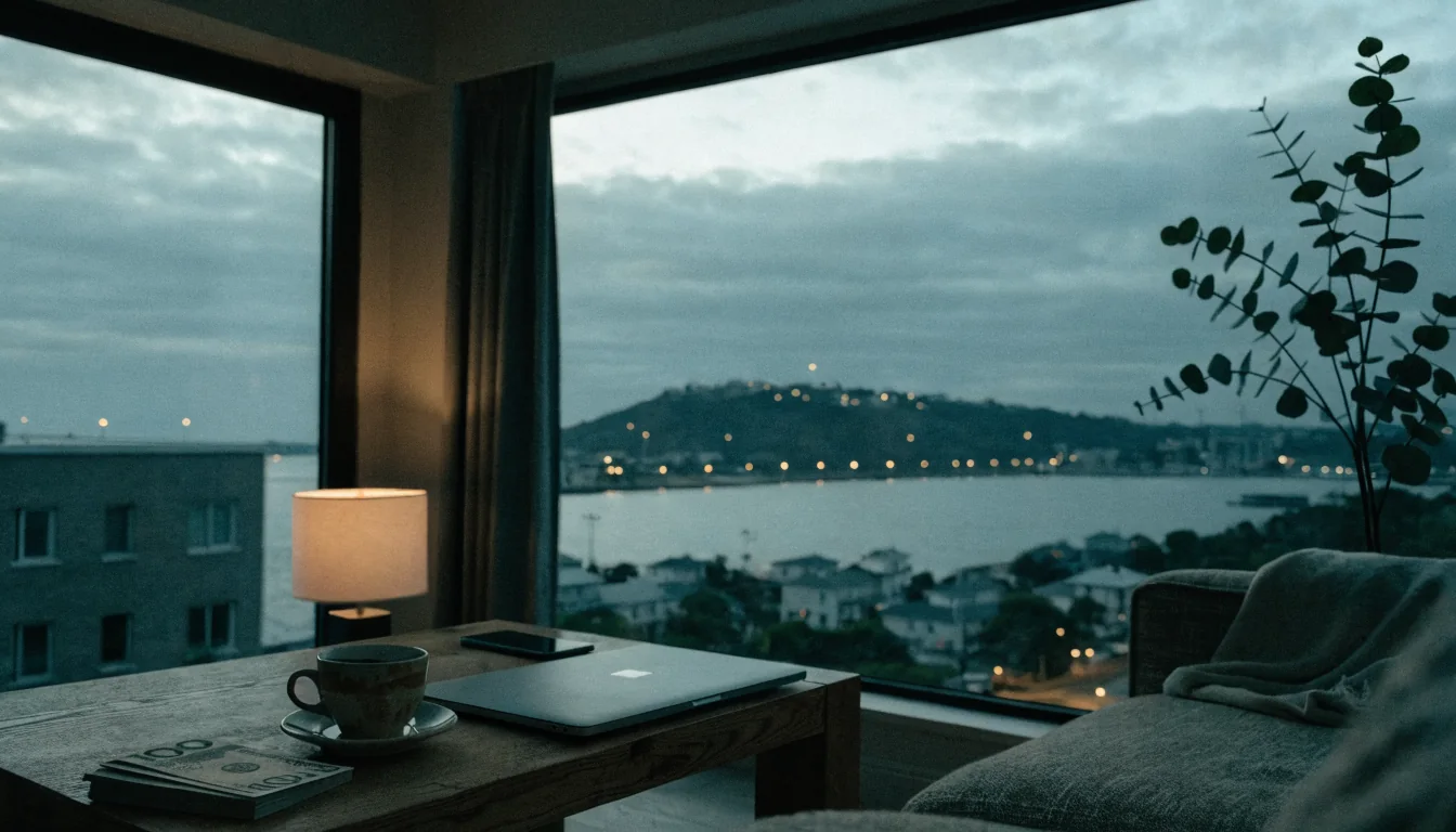 Australian apartment with A$100 banknotes on a coffee table at dusk.