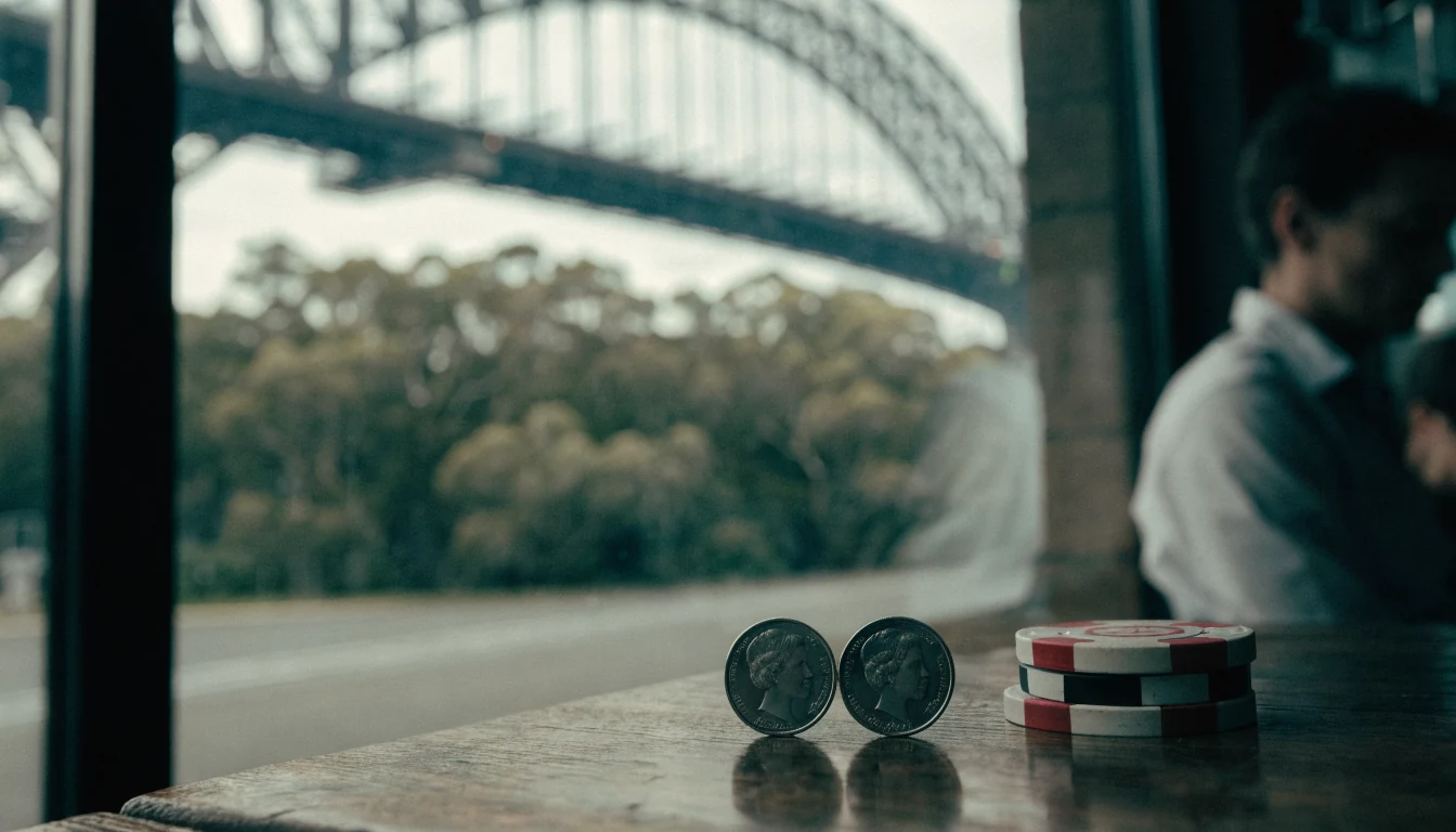 Two Australian dollar coins next to casino chips with a blurred Sydney harbour view.