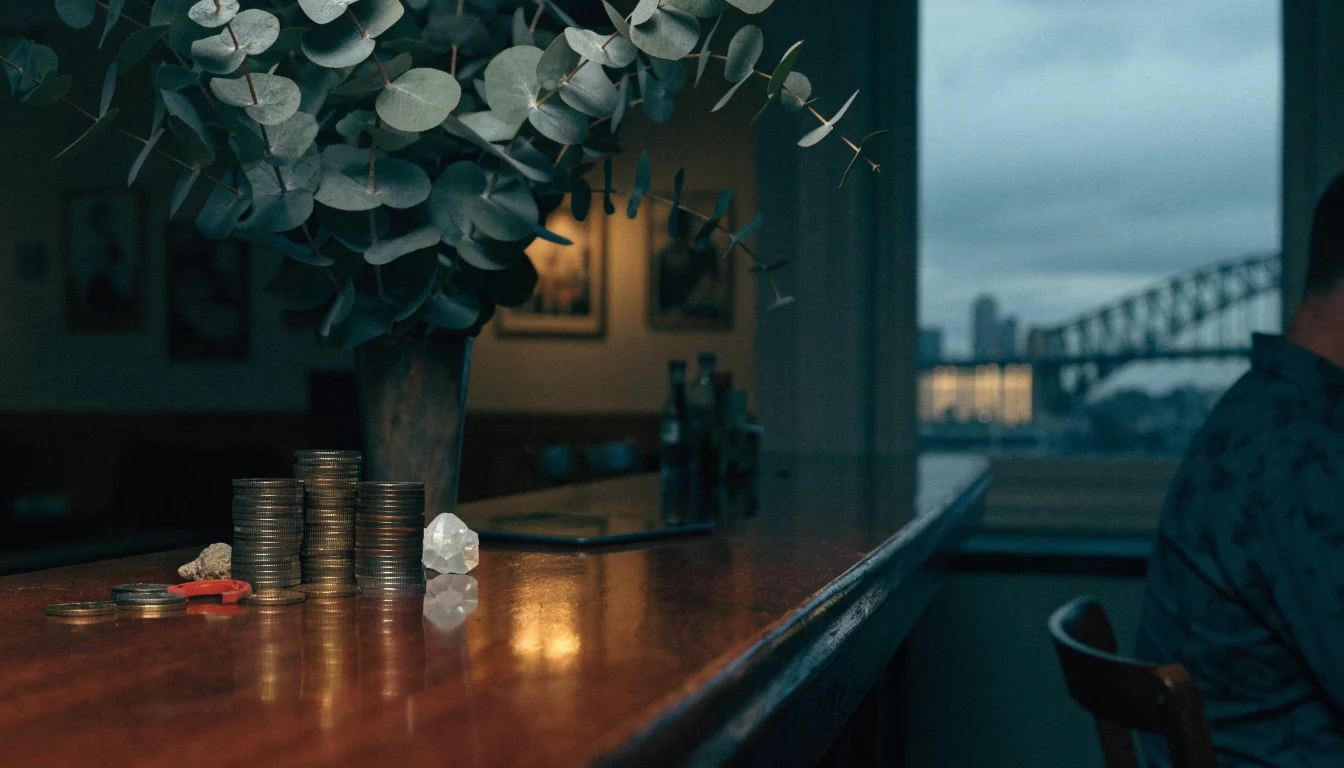 Australian lounge with stacked coins and lucky charms at twilight.