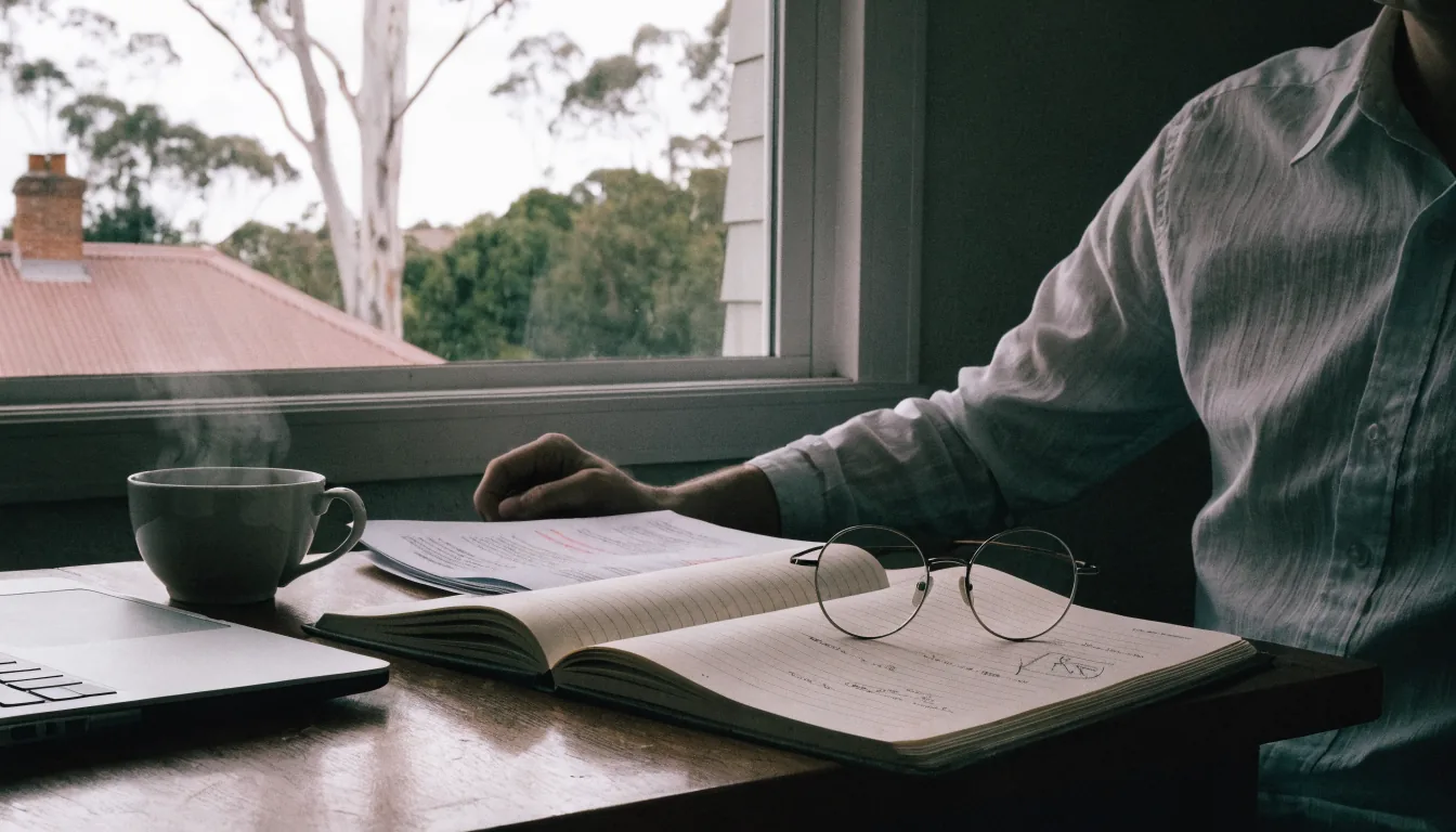 Research desk with notebook, reading glasses, tea, and eucalyptus view through a window in Australia.