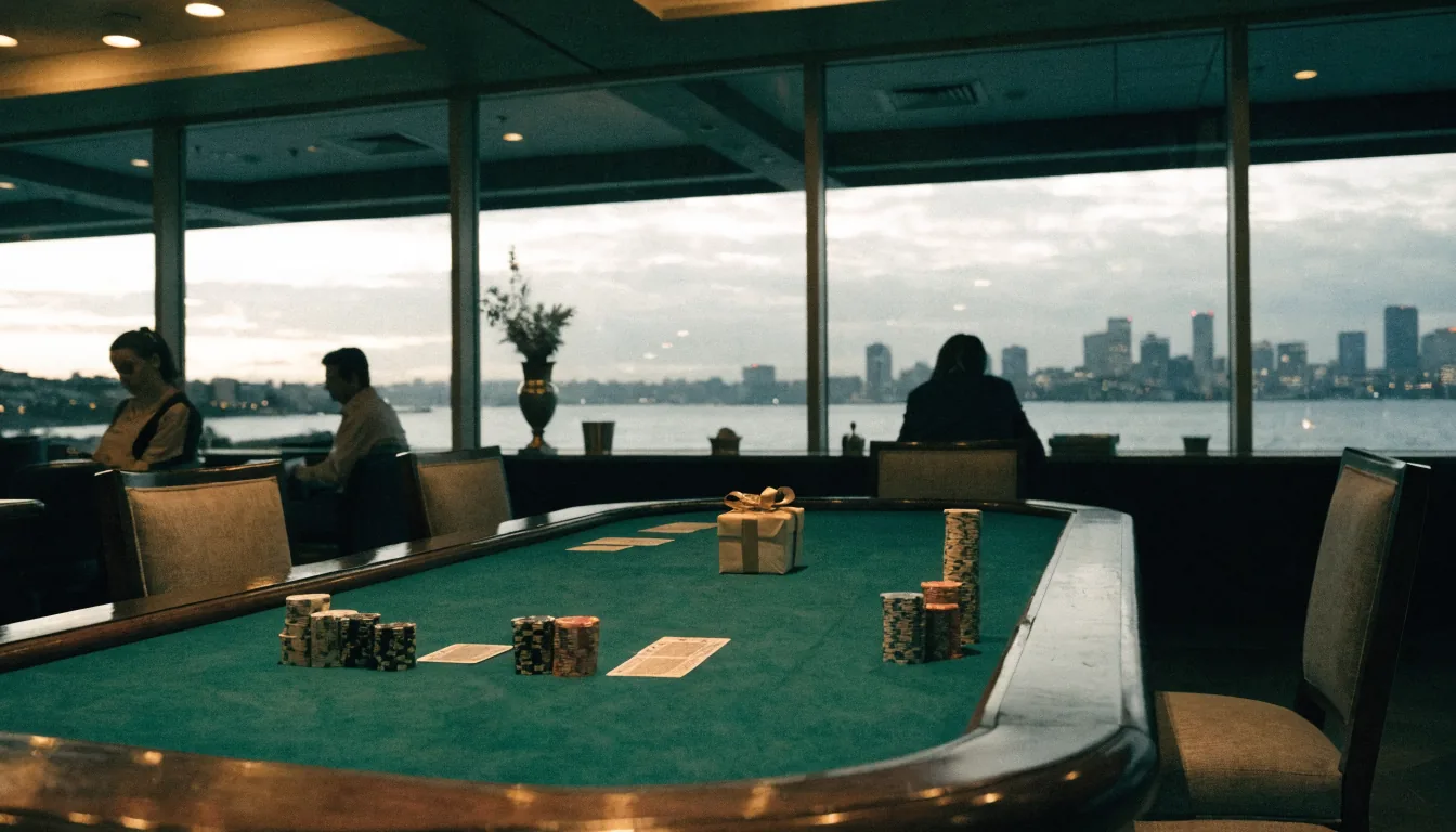 Upscale Australian casino lounge with poker chips, cards, welcome gift box, and harbor skyline at dusk