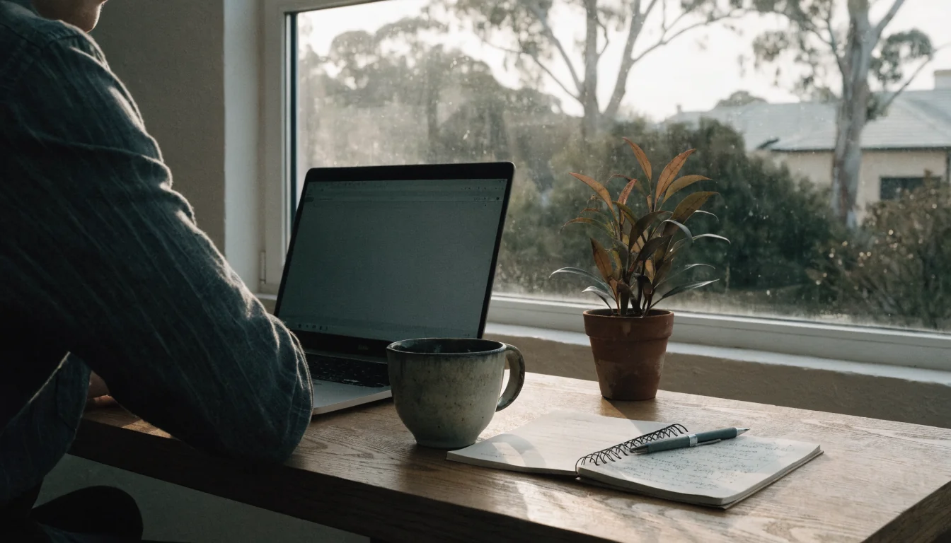 Australian home office desk with laptop, coffee, and notebook by a sunlit window.