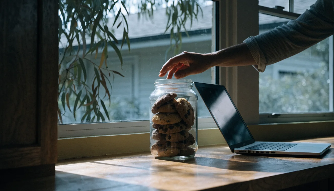 Hand reaching for chocolate chip cookies in a glass jar on a sunlit kitchen counter, laptop nearby.
