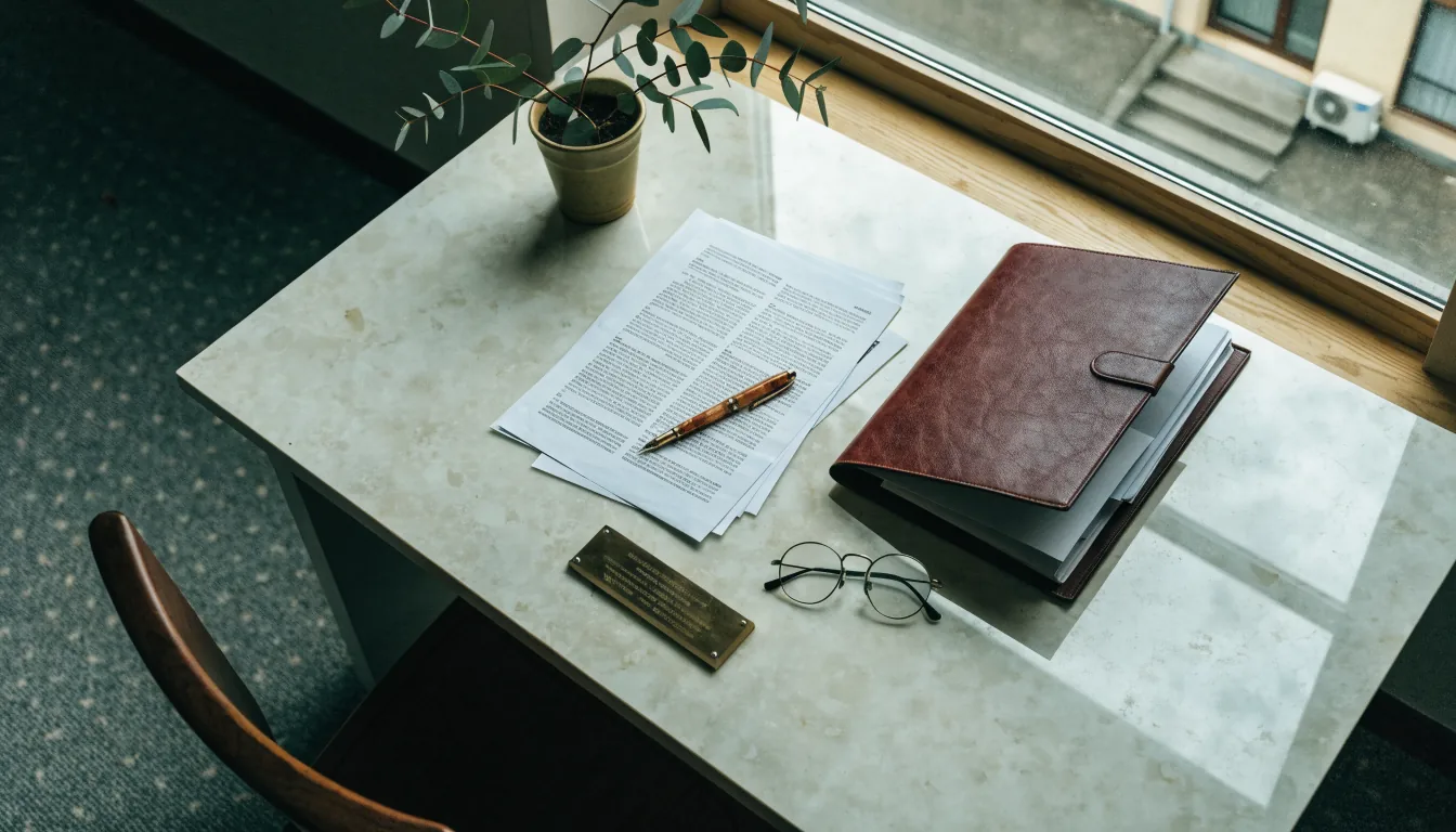 Legal documents and a brass nameplate on a tidy office desk.