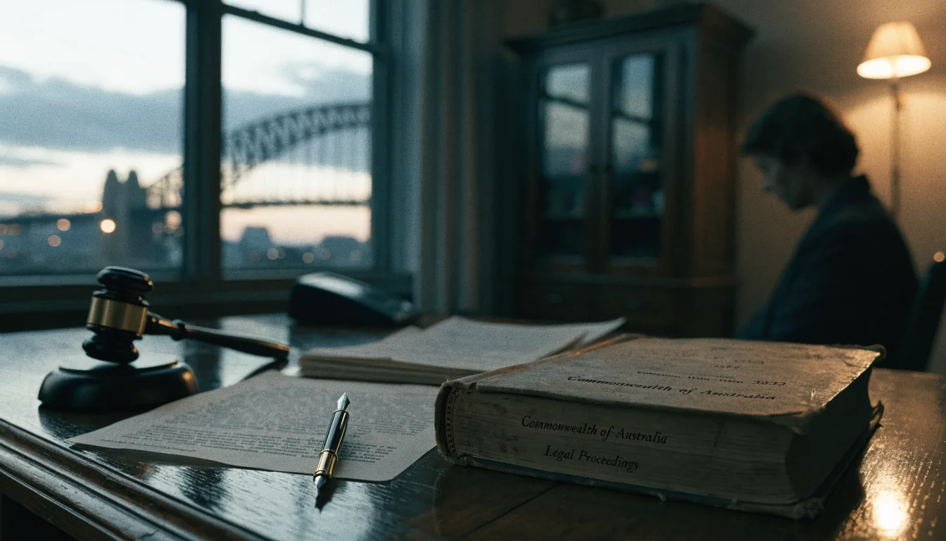Australian legal desk with gavel and legislative documents at dusk