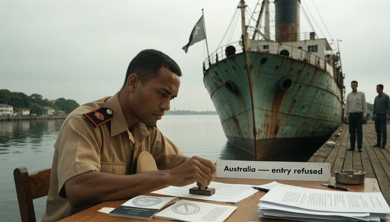 Foreign ship docked at harbour with customs denying Australian entry