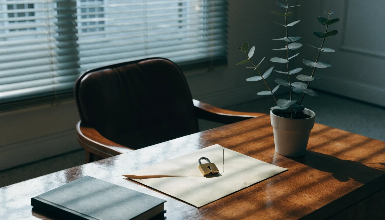 Sealed envelope with brass padlock on timber desk beside a potted eucalyptus plant in a sunlit home office