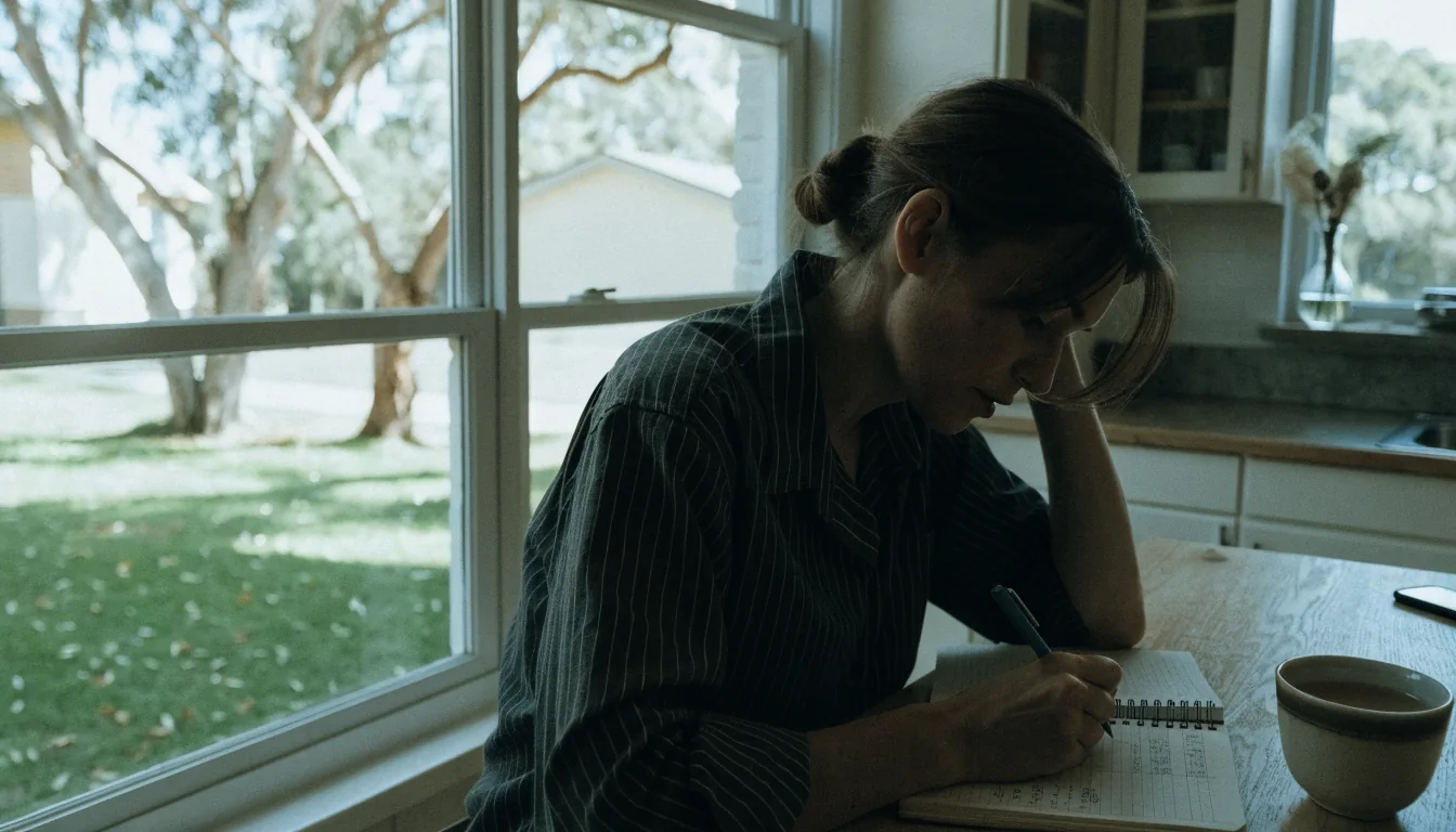 Person quietly planning a budget at a sunlit Australian kitchen table, mobile phone set face-down aside.