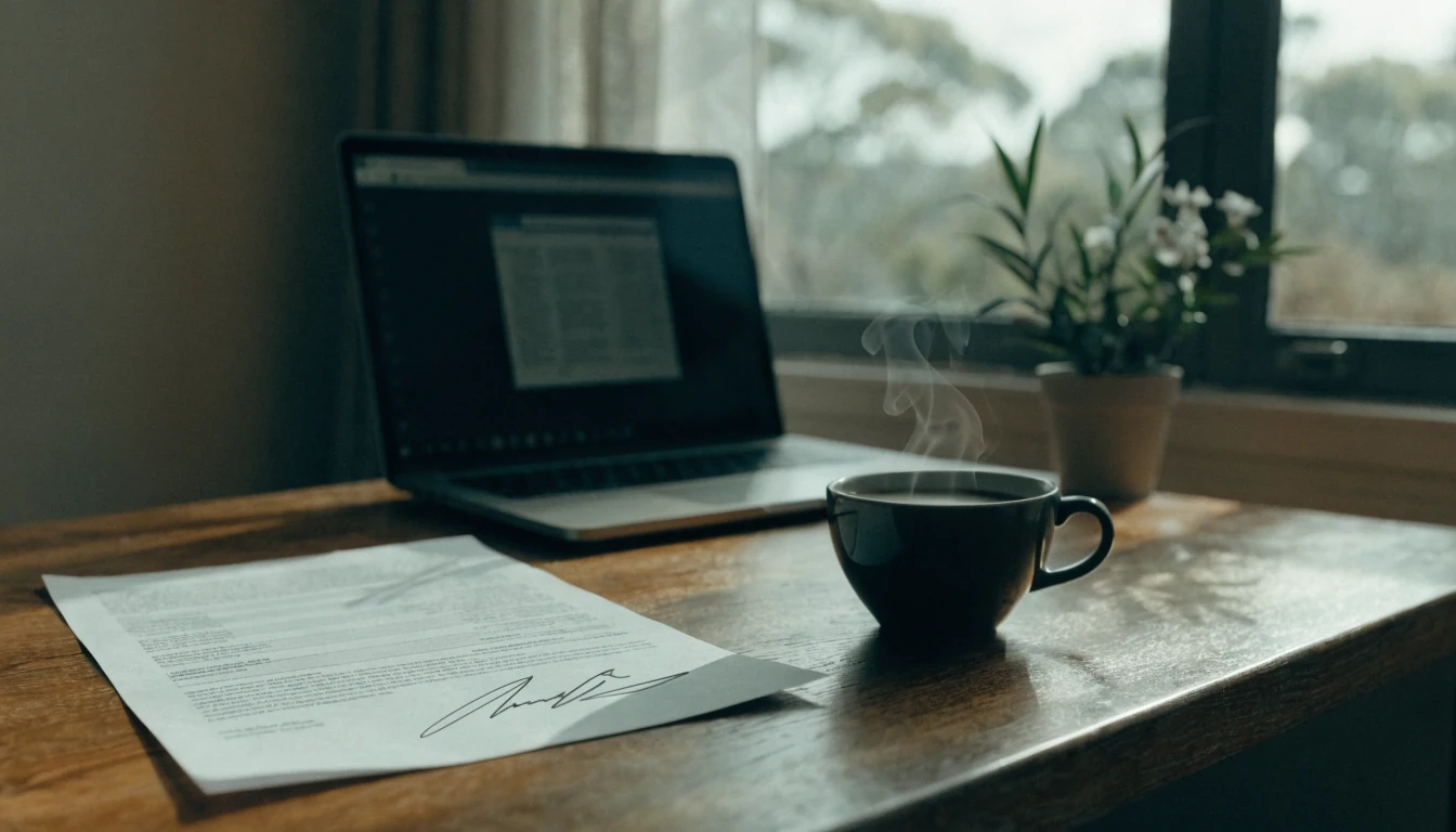 Signed agreement document on a wooden desk with coffee cup and laptop